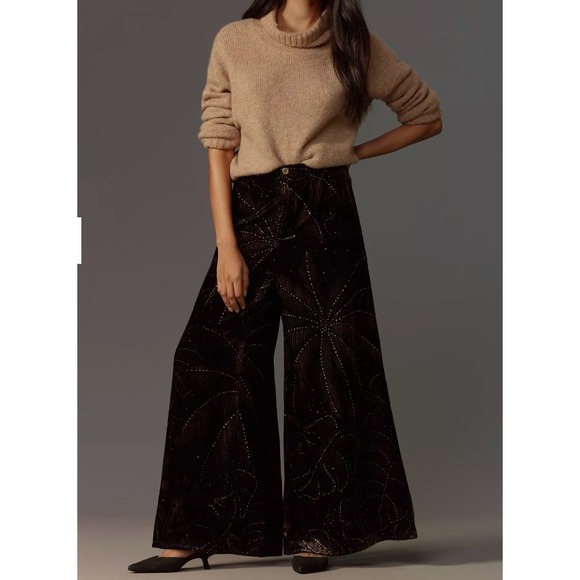 FARM Rio Pants - Farm Rio Anthropologie Velvet Wide Leg Pants Sz XS Black Gold Sparkle Designer